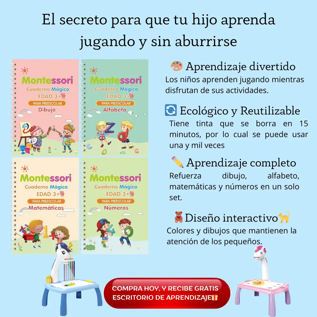 PACK 4 CUADERNOS MAGICOS GRATIS 🎁ESCRITORIO DE APRENDIZAJE CON PROYECTOR LED 🧸