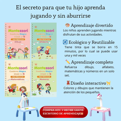 PACK 4 CUADERNOS MAGICOS GRATIS 🎁ESCRITORIO DE APRENDIZAJE CON PROYECTOR LED 🧸